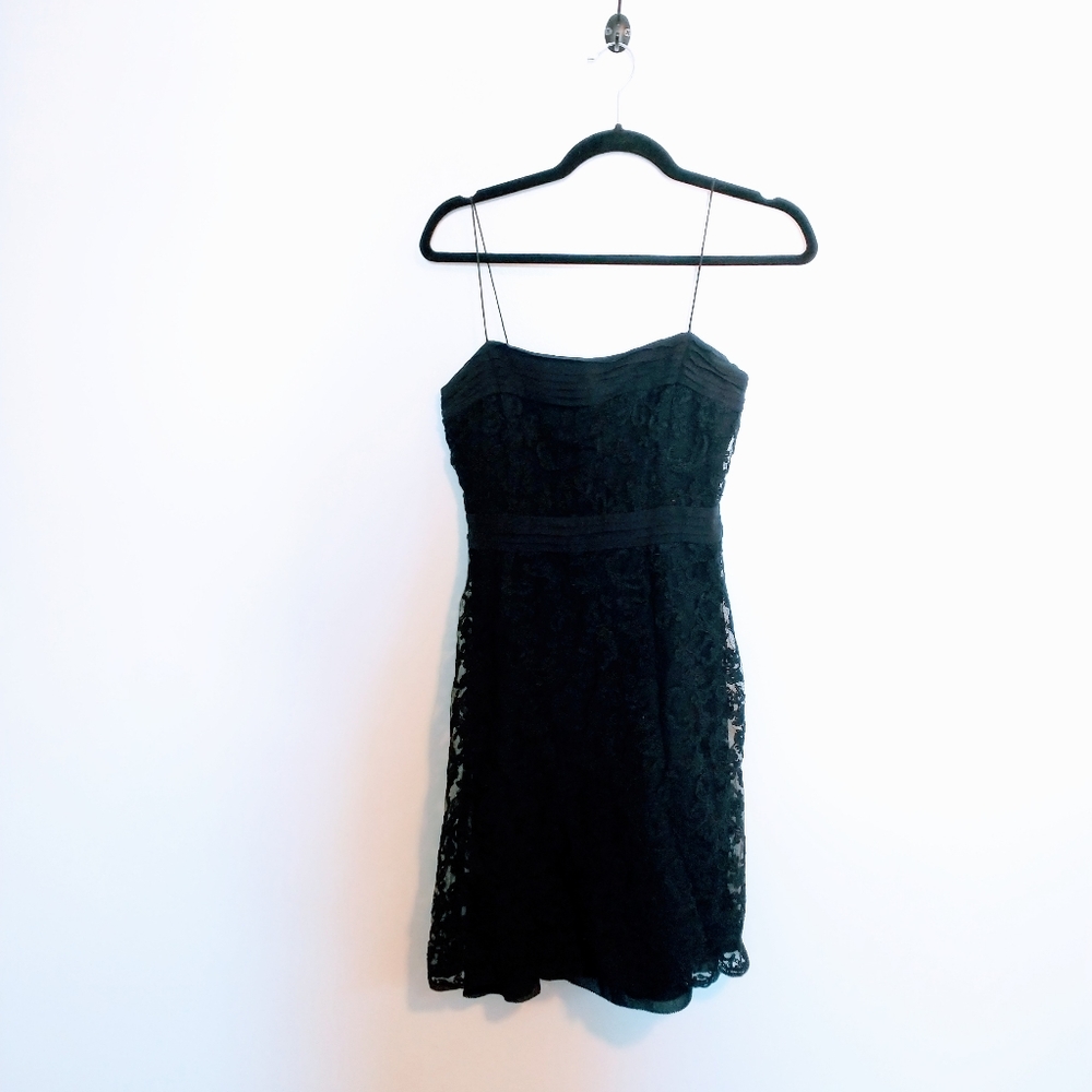 Ann Taylor lace little black dress with thin straps. Silk dress with floral lac